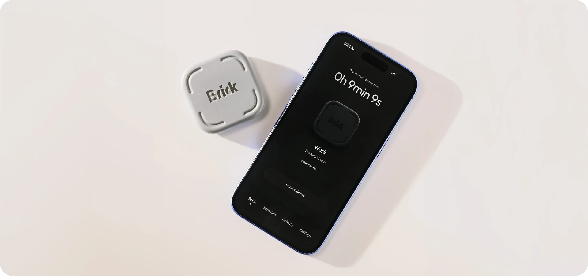 BRICK device and app showing a locked phone screen with timer